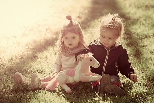 Chica y niño jugar con el caballo de juguete en el día soleado —  Fotos de Stock