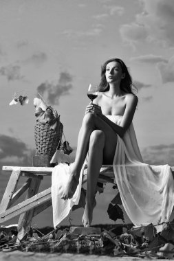 gökyüzü üzerinde şarap ile güzel kadın