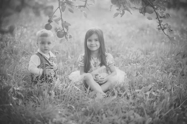 Kız ve erkek kardeş bahçede dinlenmek