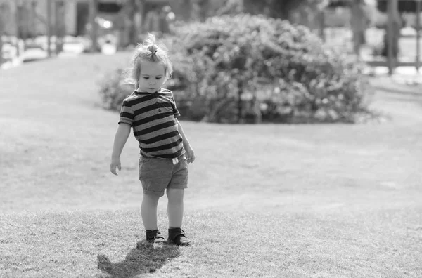 Aranyos kisfiú játszik a zöld fű — Stock Fotó
