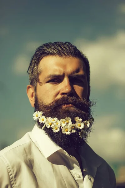 Красивий чоловік з квітами в бороді — стокове фото