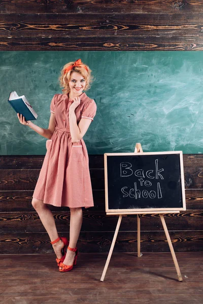 Woman teach to apply book knowledge to real life. Confident in her knowledge. Open the book to life — Stock Photo, Image