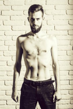 tuğla zemin üzerine ince çıplak gövde ile ince sakallı adam