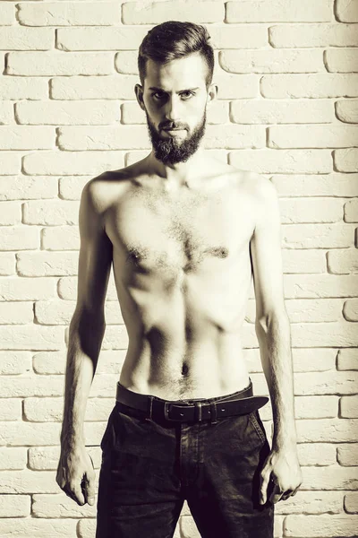 tuğla zemin üzerine ince çıplak gövde ile ince sakallı adam