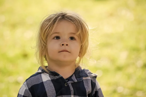 Niño con los ojos marrones en la cara linda y cabello rubio —  Fotos de Stock