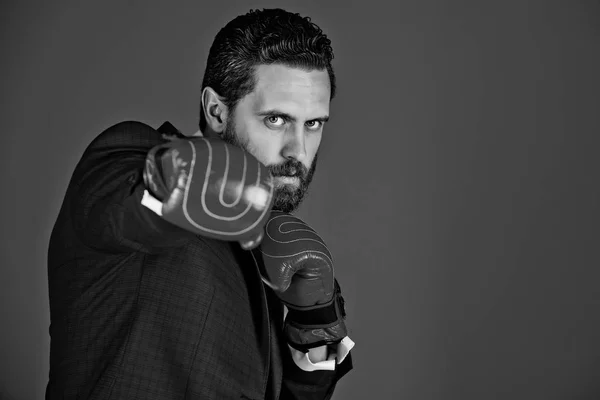 boxer man, businessman in outfit and red boxing gloves