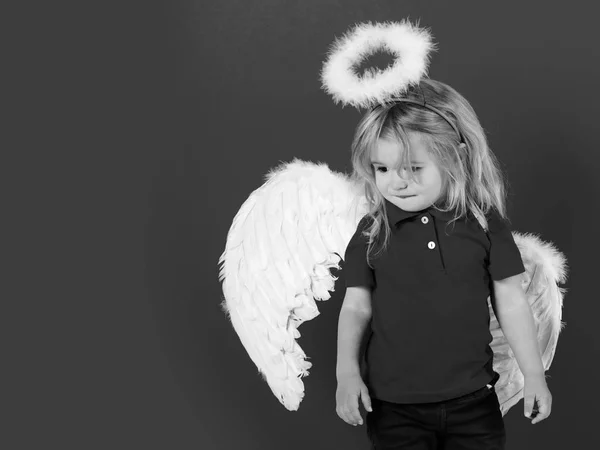 Дитина або маленький хлопчик-ангел з крилами перо, гало — стокове фото