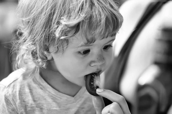 Portrait of kid eating tomato — Stock Photo, Image