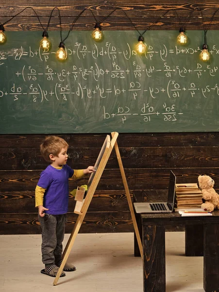 Little boy writing on chalkboard. Side view kid in front of green board with math equation. Smart little fellow studying math — Stock Photo, Image