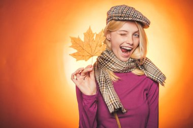 Sonbahar yılın güzel ve renkli bir zamanıdır. Sonbahar kutlaması. Merhaba Sonbahar ve Sonbahar Rüyaları. Reklam konsepti. Şehvetli kız. Promosyon ürünleri. Gülümseyen mutlu kadın. Reklam ajansı.