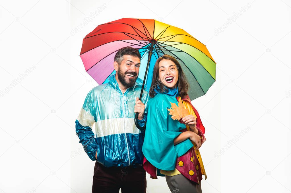 I love you very much. Autumn Dress. Happy loving couple. Place for your text. Autumn Clothing and color trends. Gold Background. Autumn leaves background. Online advertising. Autumn leaves isolated.