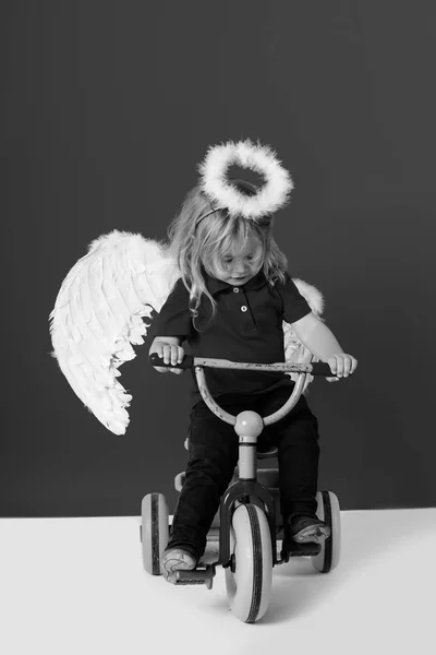 Ängel pojke för alla hjärtans hälsning, vackra cupid på cykel — Stockfoto