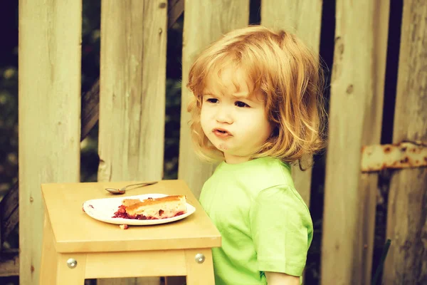 small boy eating pie near wooden fence