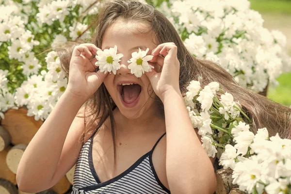 Enfant heureux avec des yeux de marguerite dans le jardin de printemps — Photo