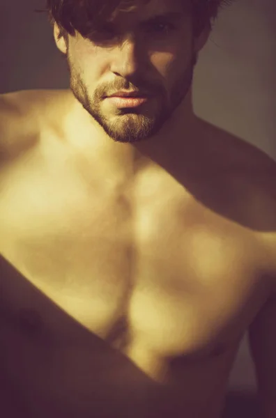 Bonito homem com barba ou sexy muscular macho — Fotografia de Stock