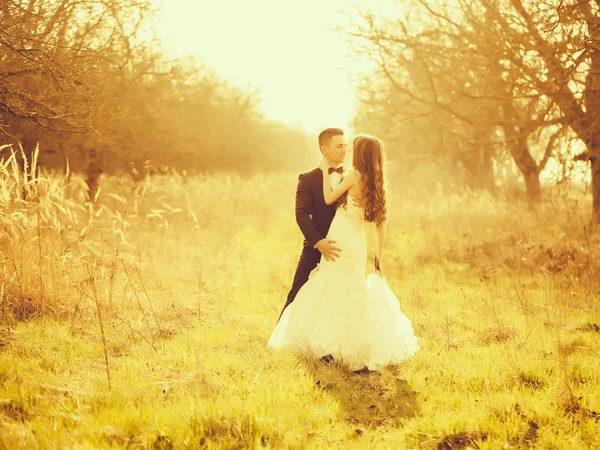 Casamento casal andando ao ar livre — Fotografia de Stock