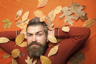 Hipster veya sonbahar turuncu zemin üzerine sakallı adam.