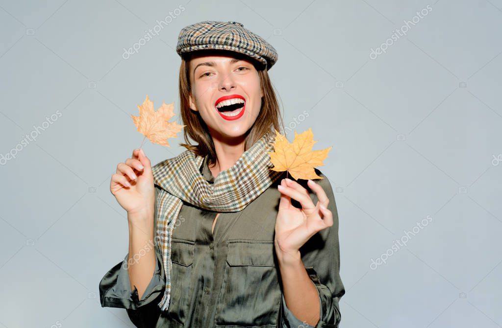 Black friday sale. Branding logo. Autumnal foliage. Visit my page. Digital advertising. Happy smiling woman. Autumn Leaves Festival. Advertising agency. Place for your text