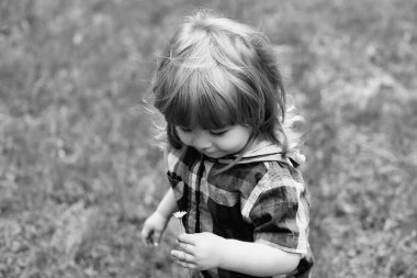 Yeşil çimenlerin üzerinde mutlu küçük çocuk