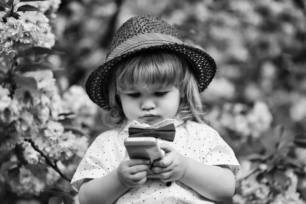 Retro pojke med telefonen i blossom — Stockfoto