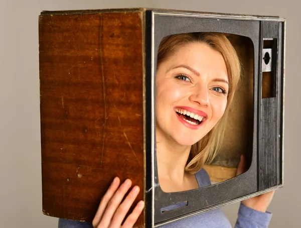 tv reporter. happy woman tv reporter with retro set. tv reporter smiling from screen. tv reporter makes news. exciting tele show.