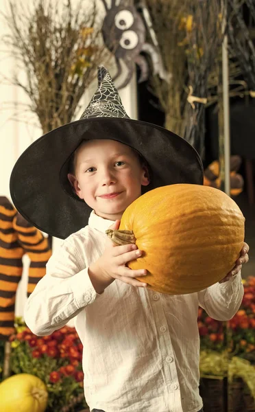 Cadılar Bayramı çocuk cadı şapka kabak portakal ile. — Stok fotoğraf