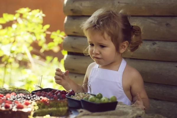 小さな男の子を食べる赤いラズベリー — ストック写真