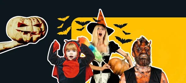 Halloween wide banner with happy family. Horror background. Halloween decoration and scary concept. Holiday halloween with funny carnival costumes on a halloween background.
