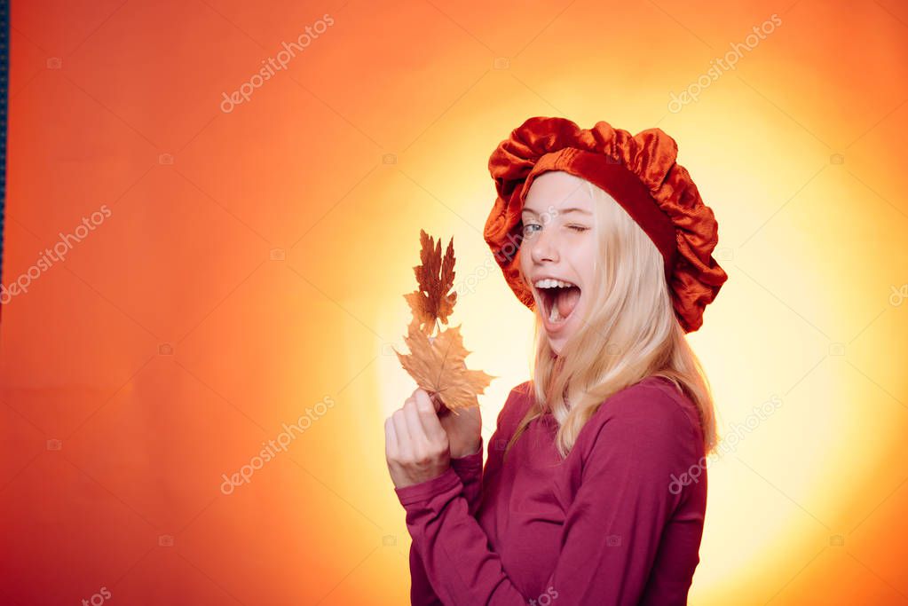 Happy smiling autumn woman. Digital advertising. Copy space for text. Black friday sale. Branding logo. Autumn Clothing. Fashion girls. November background