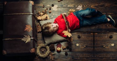 Renkli sonbahar ve kuru sonbahar yaprak. Mutlu çocukluk. Reklam Ajansı. Eğleniyor 3 veya 5 yıllık mutlu bir çocukluk oğlan. Sonbahar zaman moda çocuklar Satılık.