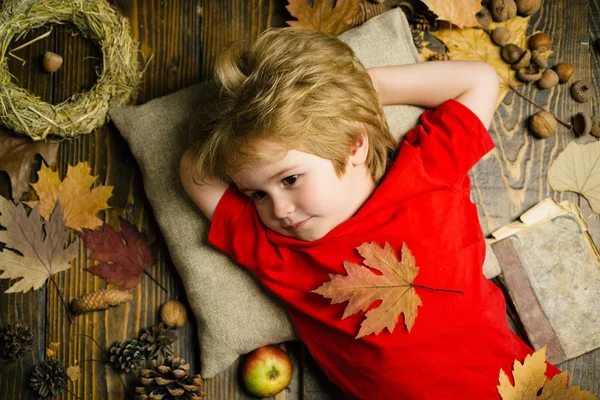 Hösten fira för söt pojke. Höstens barn klänning. Familjen barndom livsstilskoncept. Hej September. Naturlig bakgrund. Höstens tid mode barn säljes. — Stockfoto