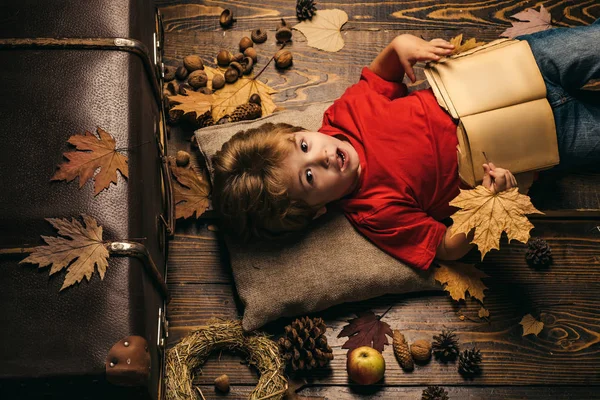 Портрет счастливого маленького мальчика крупным планом. Осеннее время для распродажи моды. Счастливые дети играют. Очаровательные забавные детишки. Осенние листья фона. Милый маленький мальчик. . — стоковое фото