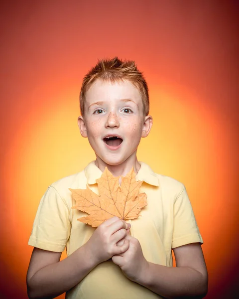 Rödhårig pojke för din annonsering. Lycklig unge pojke på 6 eller 5 år att ha kul. Söt pojke. Familjen barndom livsstilskoncept. Redo för text. Branding logo. Glad söt Smart pojke. — Stockfoto