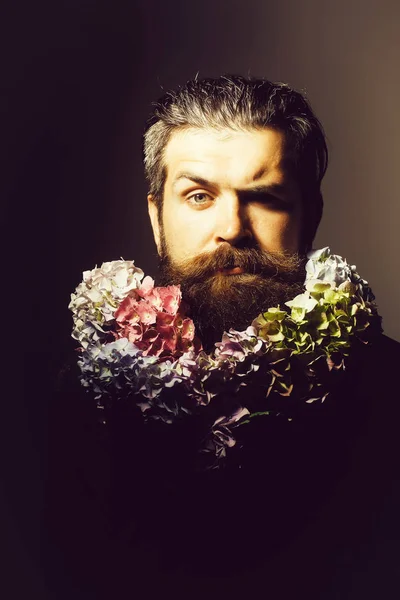 Bearded man with hydrangea flowers — Stock Photo, Image