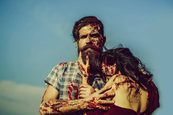 Barbuto uomo zombie e ragazza — Foto Stock