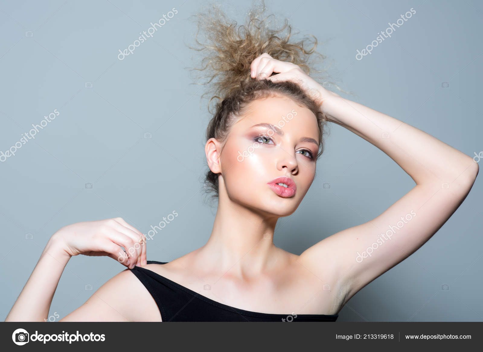 Girl With Curly Hairstyle In Hair Salon Blond Woman Hold Long