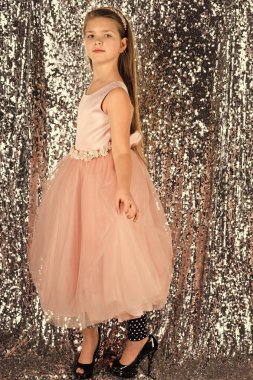 Sevimli küçük kız bir prenses kostüm. Güzel çocuk bir kostüm parti için hazırlanıyor. Güzel Kraliçe