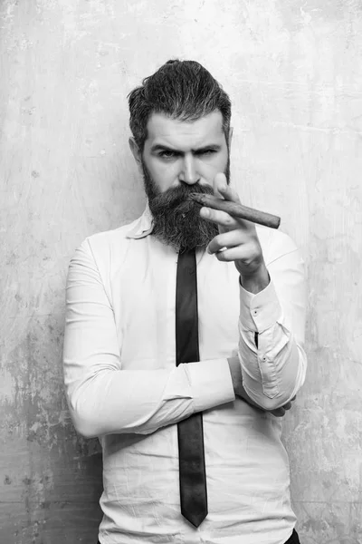 Bearded man on serious face smoking cigar — Stock Photo, Image