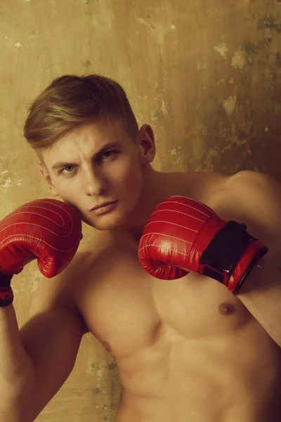 Boxeador con el torso desnudo posando en guantes rojos — Foto de Stock