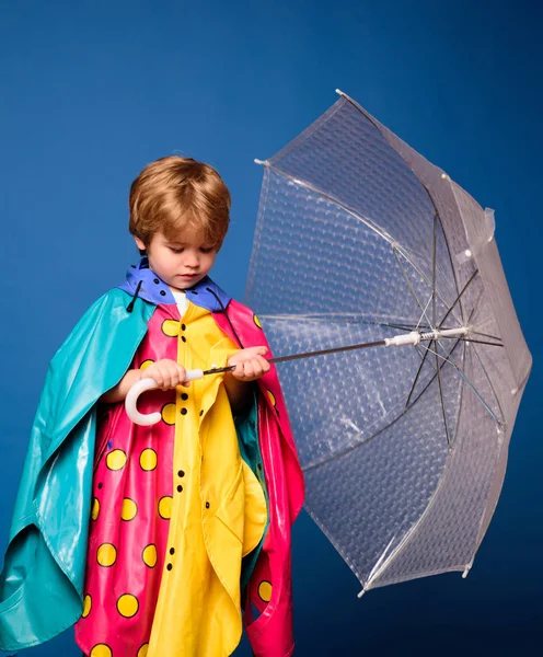 Herbststimmung, warmes und sonniges Wetter und Regen sind möglich. Netter kleiner Junge mit buntem Regenschirm. Regen und Regenschirm-Konzept. Kinder im Regen. — Stockfoto