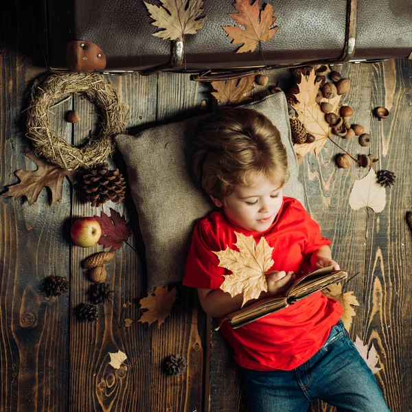 Menino bonito segurando folha de ouro no fundo de madeira. Humor de outono. Menino jaz em um cobertor quente sonhos de outono quente . — Fotografia de Stock