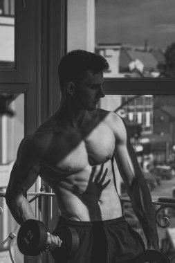 Sporcu, kaslı sporcu pencere yakınındaki dumbbells ile egzersizleri yapıyor. Gövde, el gölgesi ile kas maço adam. Spor salonunda çıplak gövde adamla çekici görünüyor. Spor ve spor salonu konsept