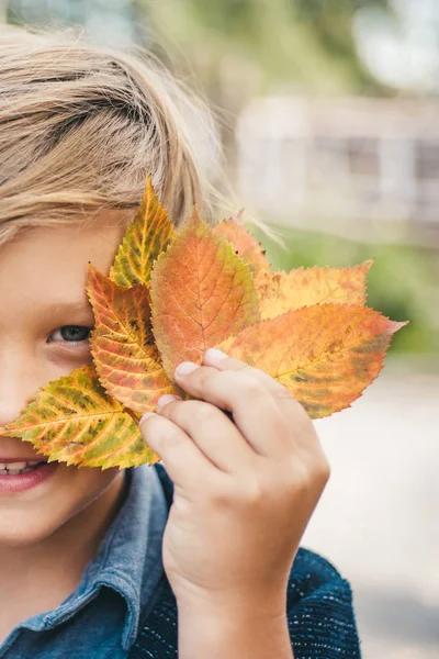 Χαμογελώντας μικρό αγόρι παίζει με τα φύλλα και να βλέπουν τα φωτογραφικών μηχανών. Close-up πορτρέτο. — Φωτογραφία Αρχείου