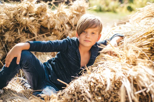 Gyerek fiú fekszik, a széna. A hat fiú készül az őszi napsütésben. Aranyos fiú őszi eladó készül. Gyermekkorban a farm. Jó időben a faluban. Betakarítás koncepció. — Stock Fotó