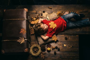 Leaf fall ile eğleniyor çocuk. Sonbaharda oynayan çocuk. Yaprak mide dinlenme sarışın küçük çocuk sonbahar yaprakları ahşap zemin üzerinde yer almaktadır. Sonbahar konsepti.