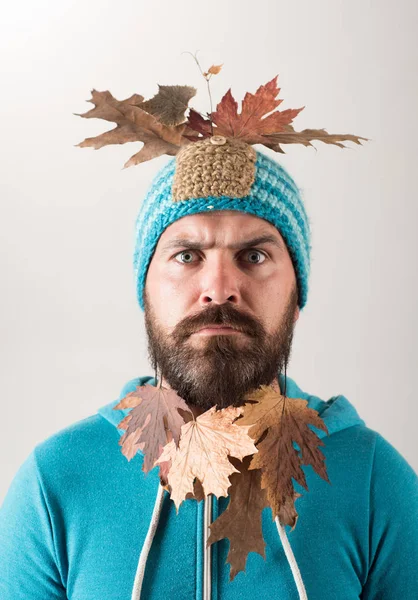El hombre barbudo se prepara para el día de descuento de otoño. Hombre de moda. Sorpresa hipster hombre jugando con hojas y mirando a la cámara. Viernes negro de compras — Foto de Stock