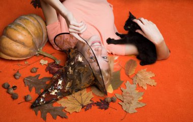 Siyah yavru kedi Halloween cadı siyah şapkalı kız cadı çalış. Kadın kabak ile poz. Kabak kafa jack fener. Hediye ver yoksa karışmam.