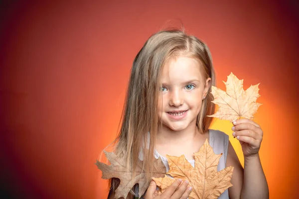 Aranyos kis gyermek őszi készül. Eladó a teljes őszi kollekció, hihetetlen kedvezmények és csodálatos választás. Lány szezonális ruhák a golden leaf. Gyerek, az ősz. — Stock Fotó