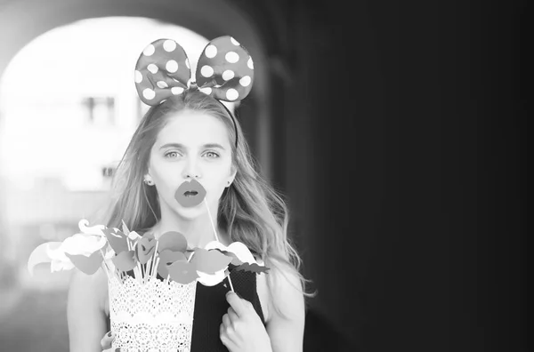 Funny pretty girl with cute mouse ears and red lips — Stock Photo, Image