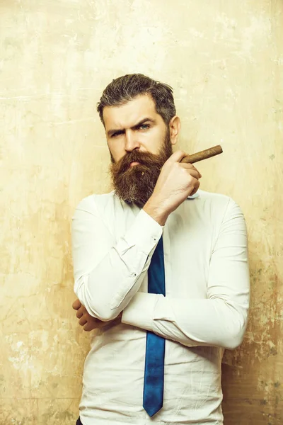 Bearded man on serious face smoking cigar — Stock Photo, Image
